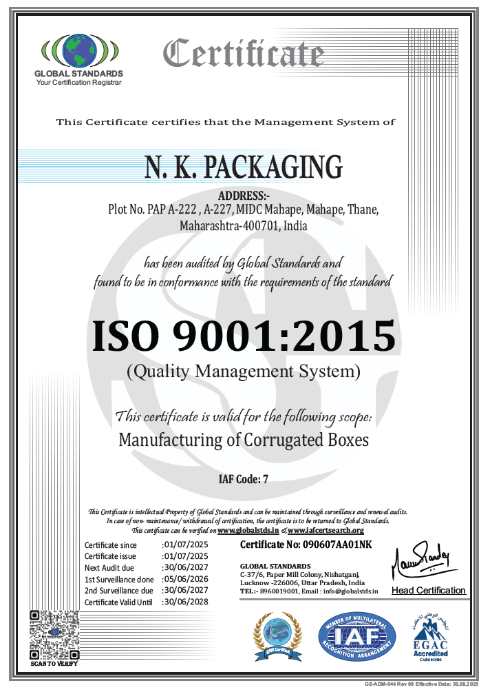ISO 9001:2015 Certificate — N.K. Packaging