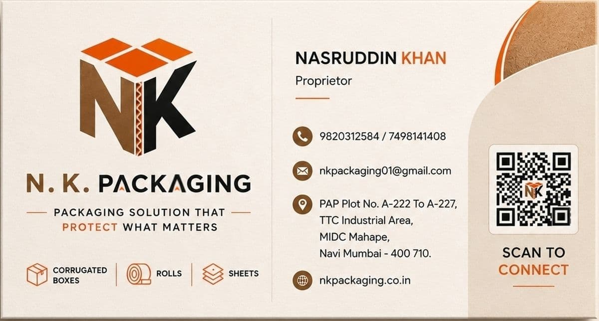 NK Packaging business card front — Nasruddin Khan, Proprietor