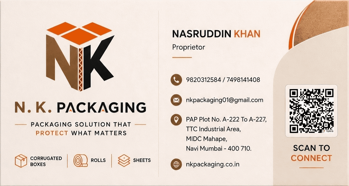 NK Packaging business card front — Nasruddin Khan, Proprietor